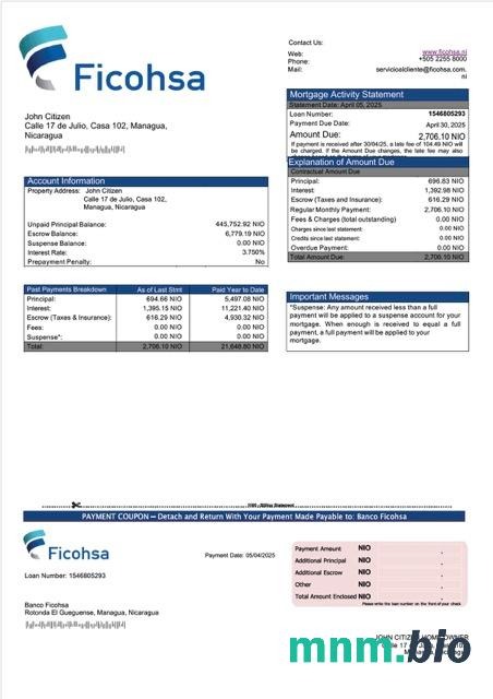 Nikaragua Banco Ficohsa wyciąg z kredytu hipotecznego szablon Word i PDF